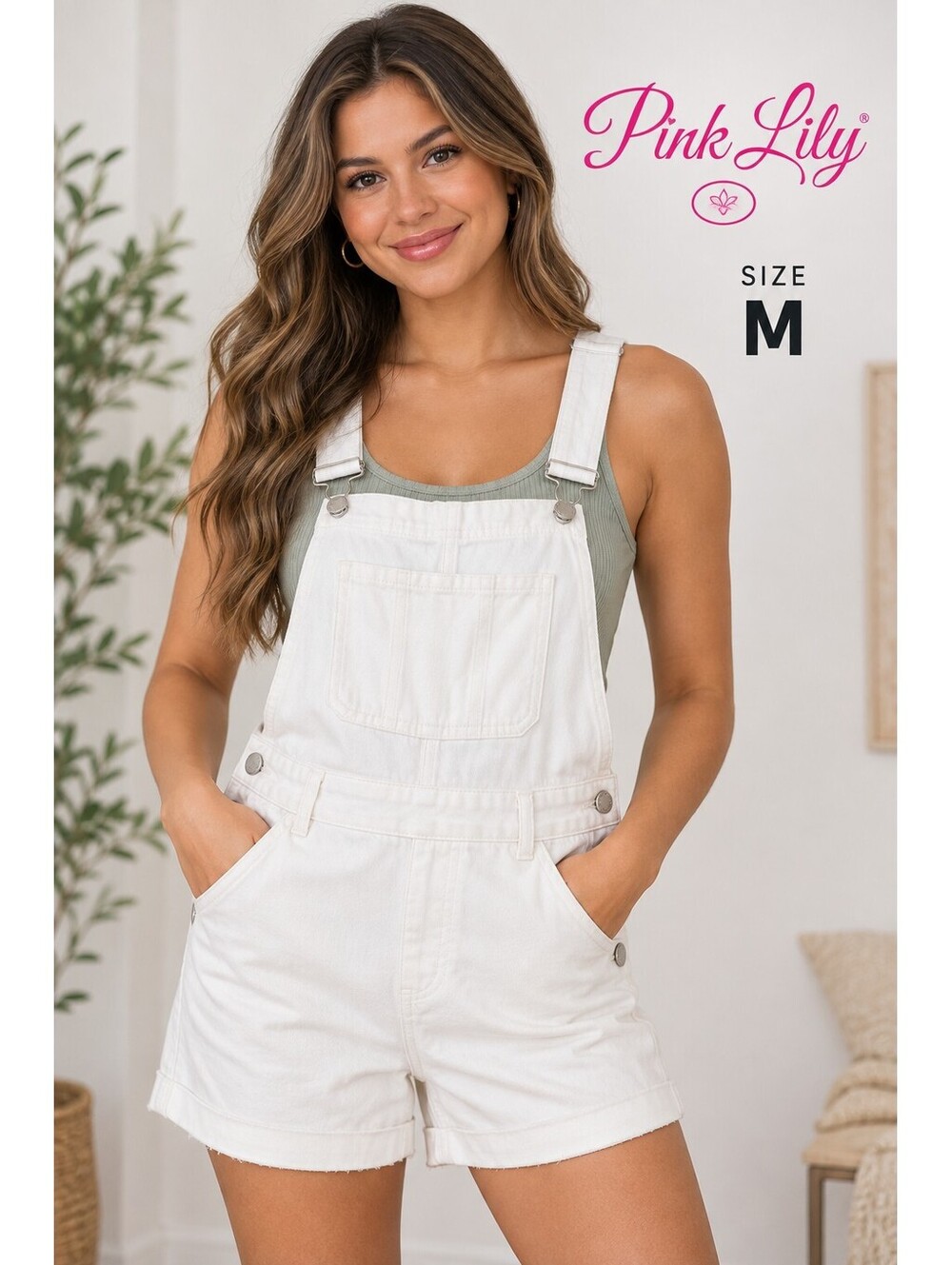 Pink Lily M White Denim Short Overalls